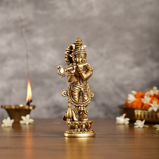 Exquisite 7.5 Inch Krishna Brass Superfine Idol with peacock