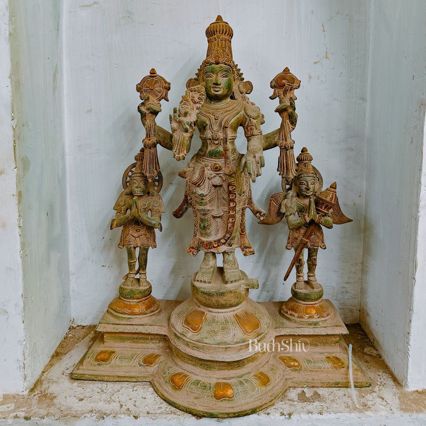 Captivating 24-Inch Brass Antique Vishnu Statue with Sand Patina Finish