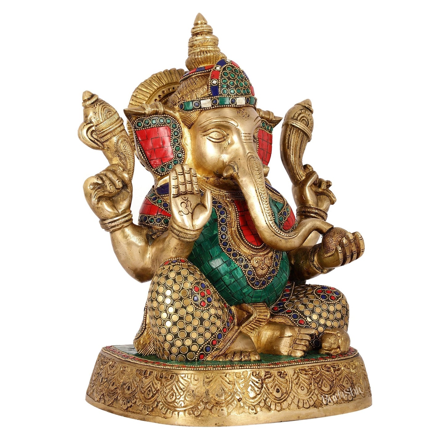 Brass Handcrafted Lord Ganesha Statue with Stonework | 15" Height