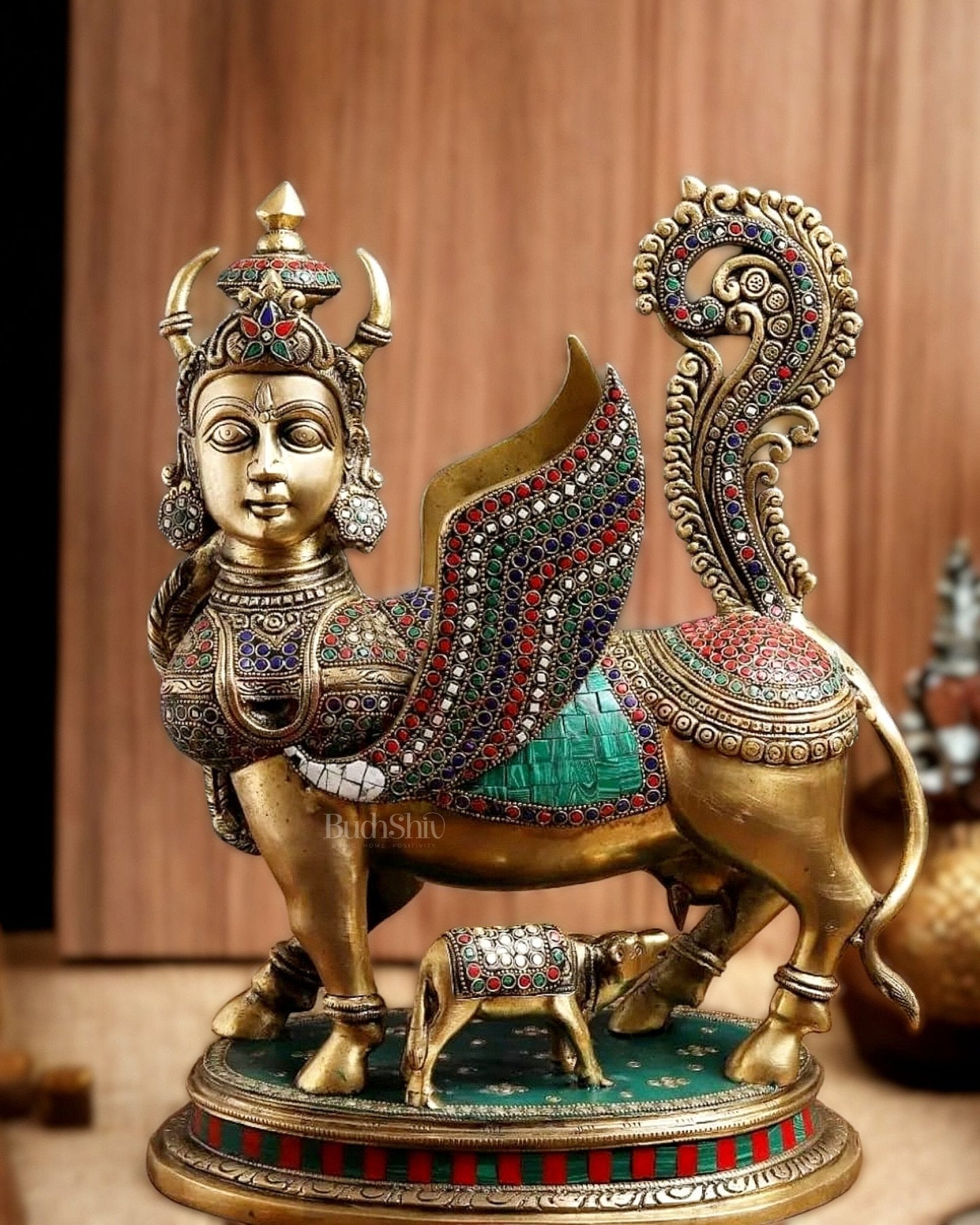 Exquisite Brass antique Kamdhenu Cow with calf Statue | 16.5"