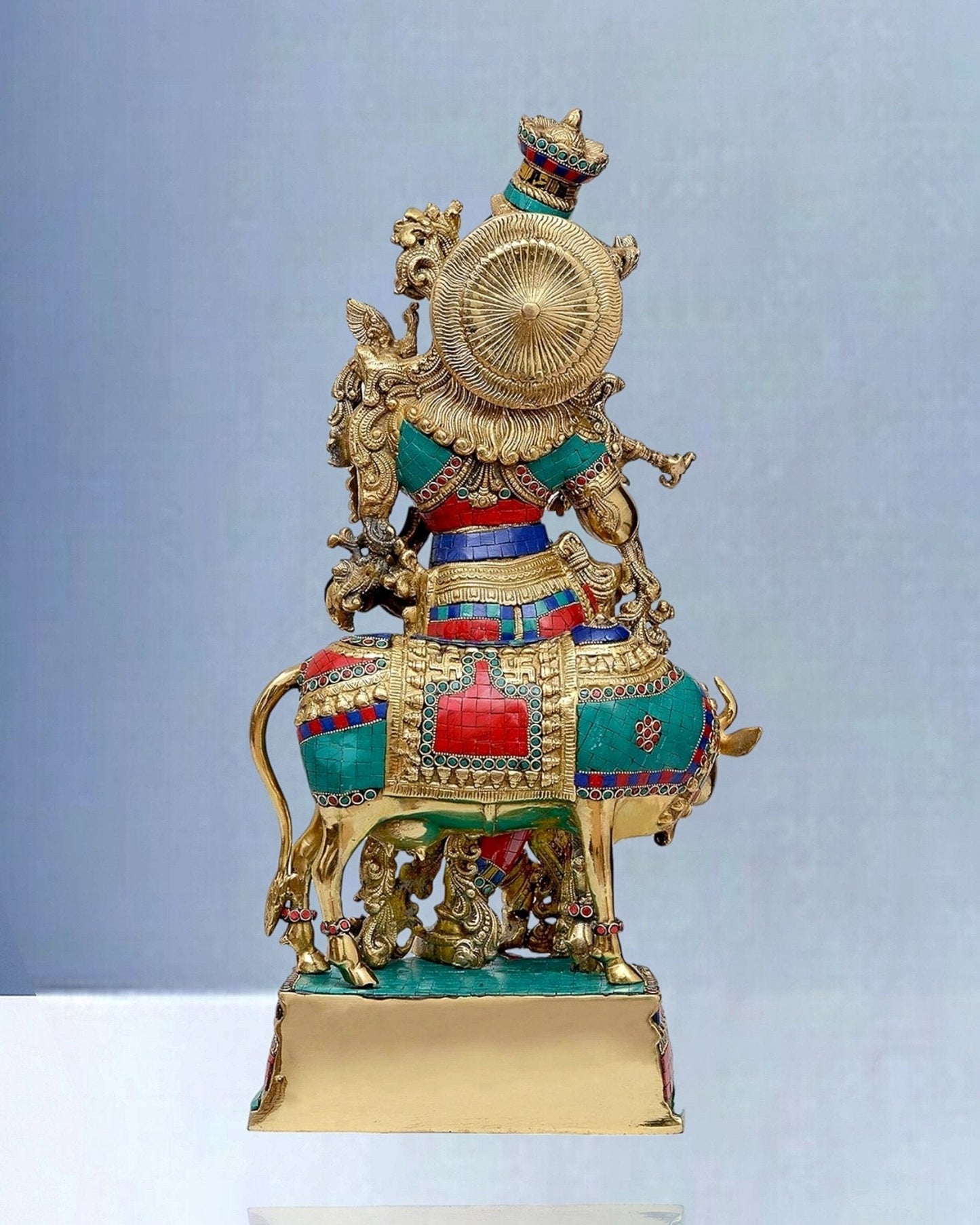 Exquisite Brass Krishna with Cow Idol - Meenakari Ring and Stonework, 26.5" Tall, 26kg