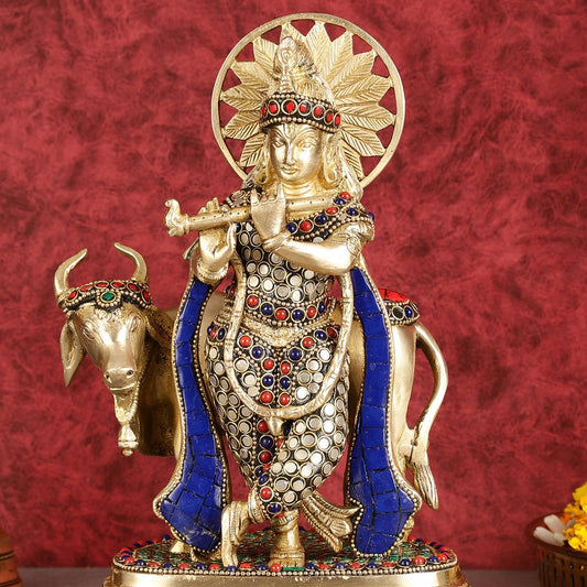 Exquisite Brass Lord Krishna Statue with cow idol 9"
