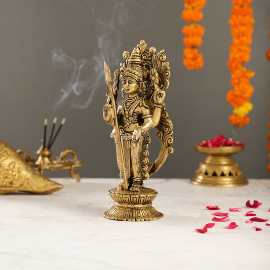 Exquisite Brass Murugan Swamy Idol | Kumaraswamy Kartikeya Statue - 10 Inch