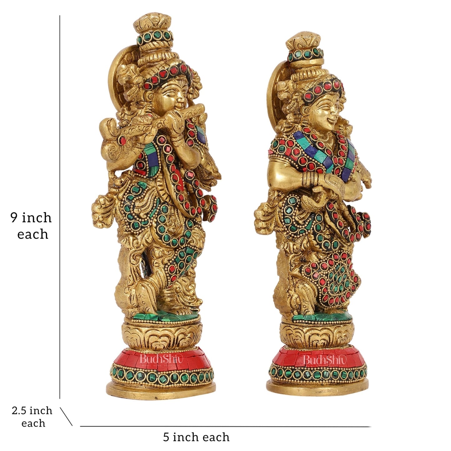 Exquisite Brass Radha Krishna Idol Pair with Stonework 9 inch