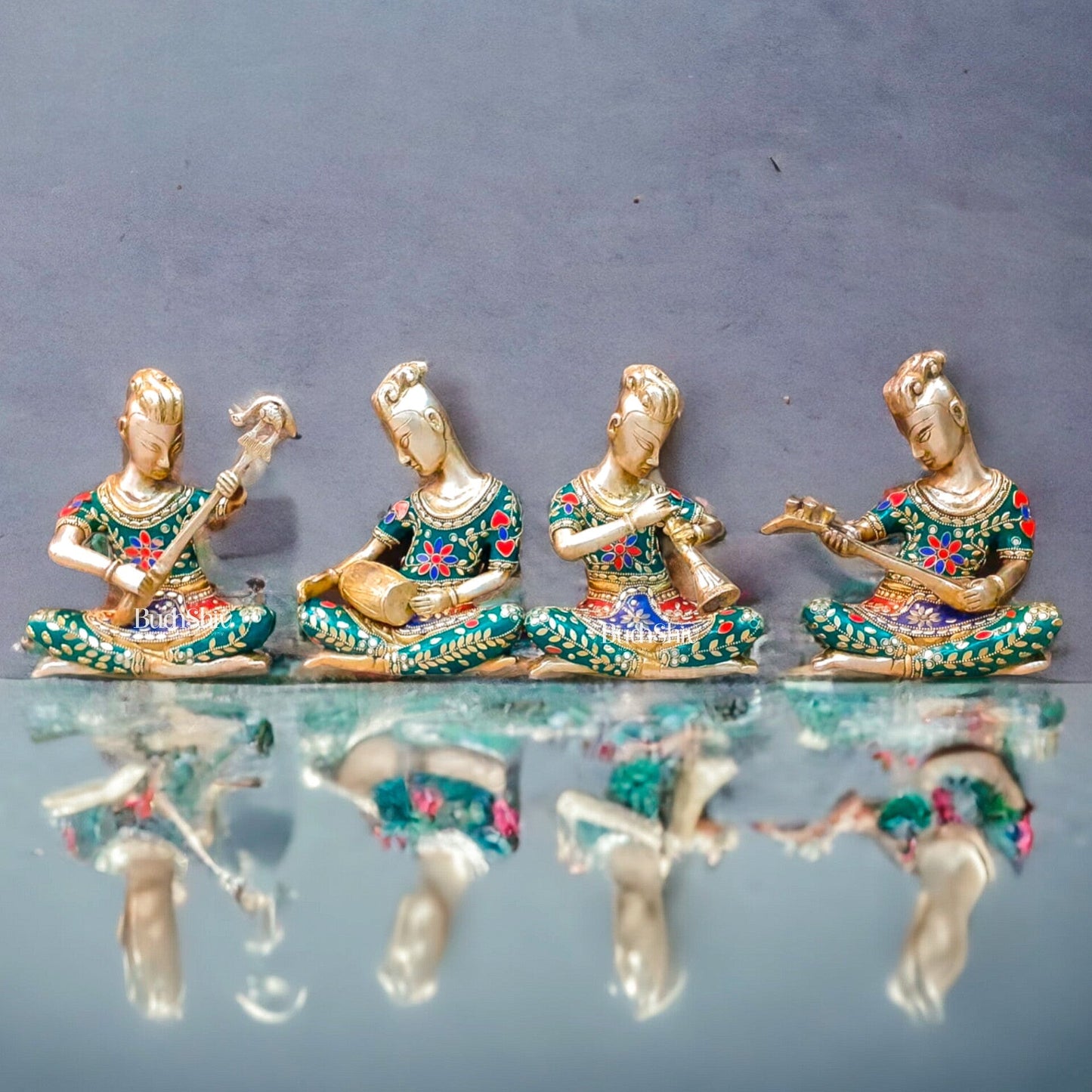 Exquisite Brass Tribal Musicians Set with Stunning Stonework | Height: 6 inch