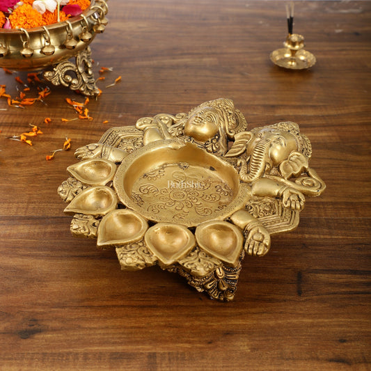 Exquisite Handcrafted Ganesha and Lakshmi Urli Diya and Urli