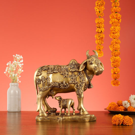 Exquisite large Brass Kamdhenu Cow with Calf Idol