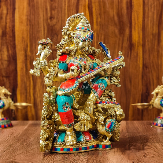 Exquisite Pure Brass Saraswati Idol with Stonework - Divine Wisdom Embodied