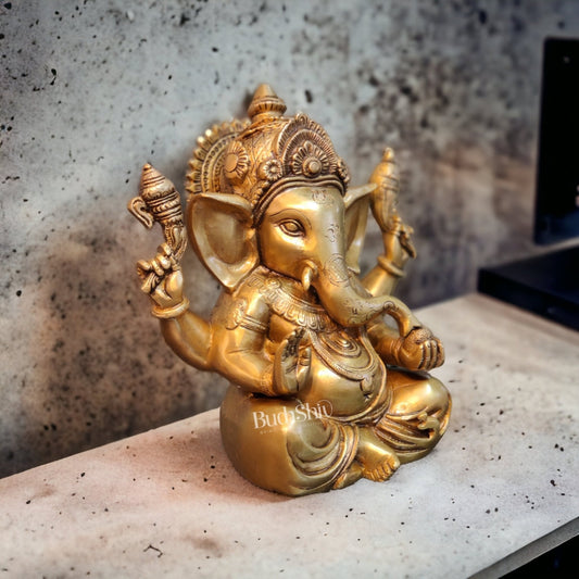 Exquisite Taj Ganesha Statue - Handcrafted Brass 9" Height