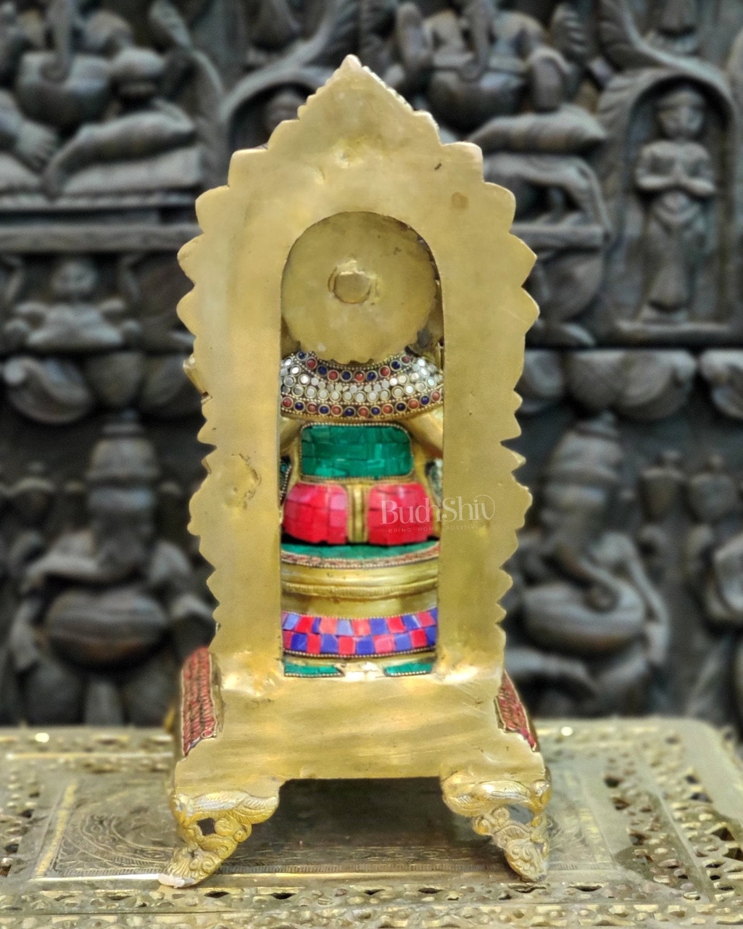 Finely Carved Ganapati on Big Throne with Mooshaks - 17" Height