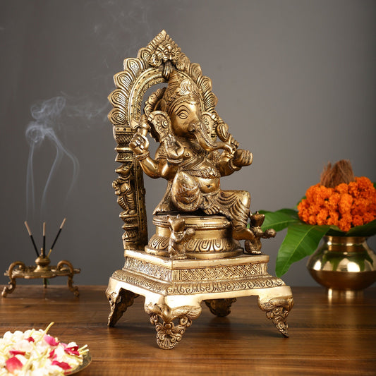 Brass Ganesha Statue on Throne - 17 inch