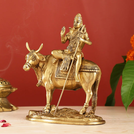 Finely Crafted Lord Shiva Seated on Nandi Brass Idol | Divine Presence 10"