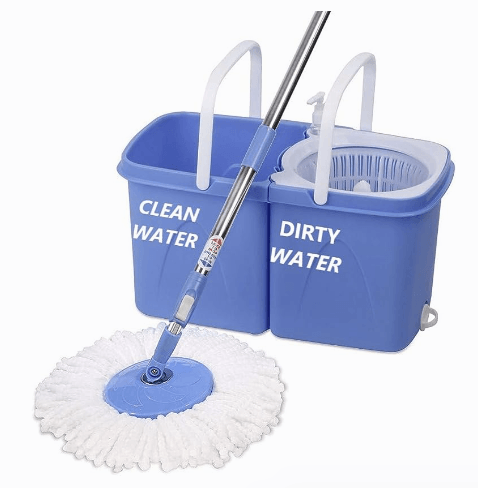 Gala Twin Bucket Spin Mop, 2 Microfiber Refills, Floor Cleaning Mop stick with Bucket, pocha for floor cleaning, Mopping Set with two buckets (white and blue)