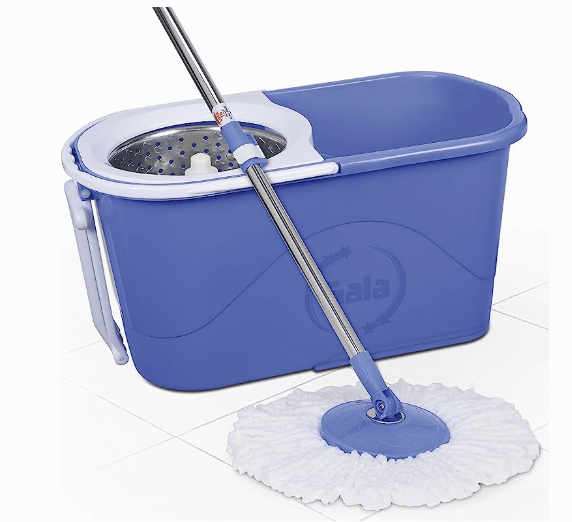 Gala e-Quick Spin Mop Stainless Steel, Easy Wheels & Big Bucket with 2 Microfiber Refills, Floor Cleaning Mop with Bucket, pocha for Floor Cleaning, Mopping Set (White and Blue)