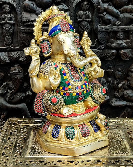 Ganapathi Brass Statue with stonework 15"