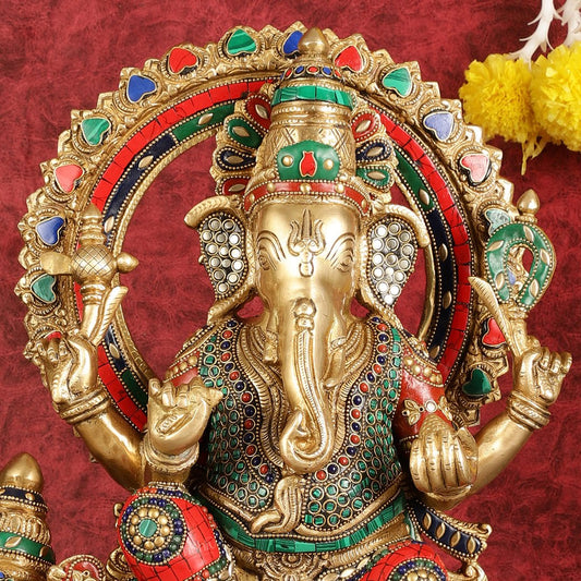 Ganapati sitting on large mouse brass statue 16"