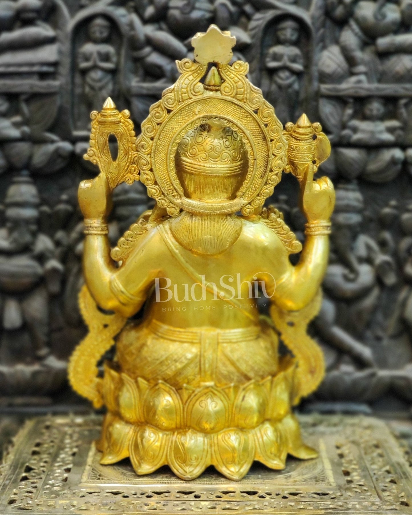 Handcrafted Brass Ganesha Idol: Seated on Lotus Pedestal 21"