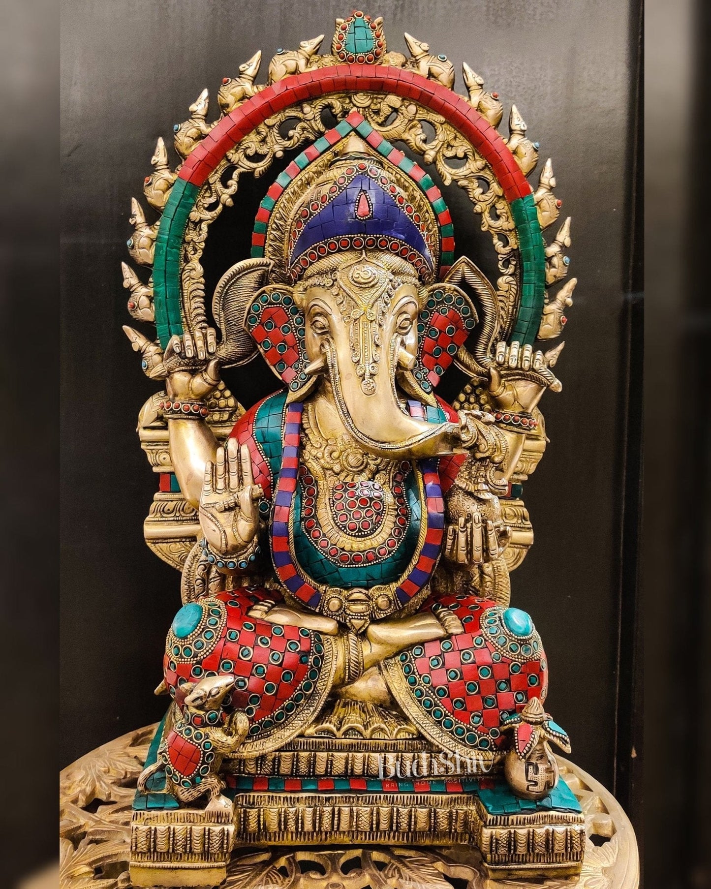 Brass Ganesha Idol: Unique Prabhavali with Carved Mice 21 inch
