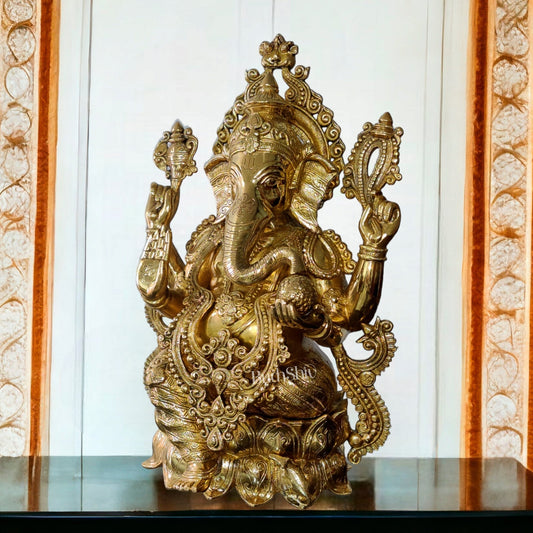 Ganesha Brass Idol 21 inches high seated on a lotus base lacquer coated