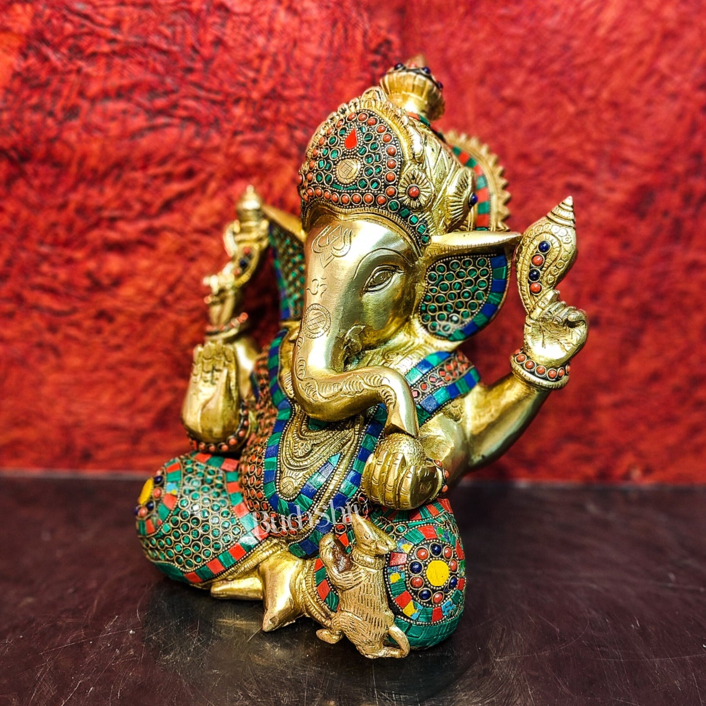 Ganesha Brass Idol Ganapati brass statue with stonework 12 inch