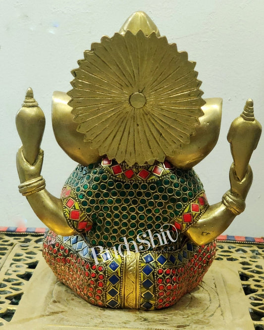 Handcrafted Pure Brass Ganesha Idol with Meenakari Art - 8" Height, Natural Stones