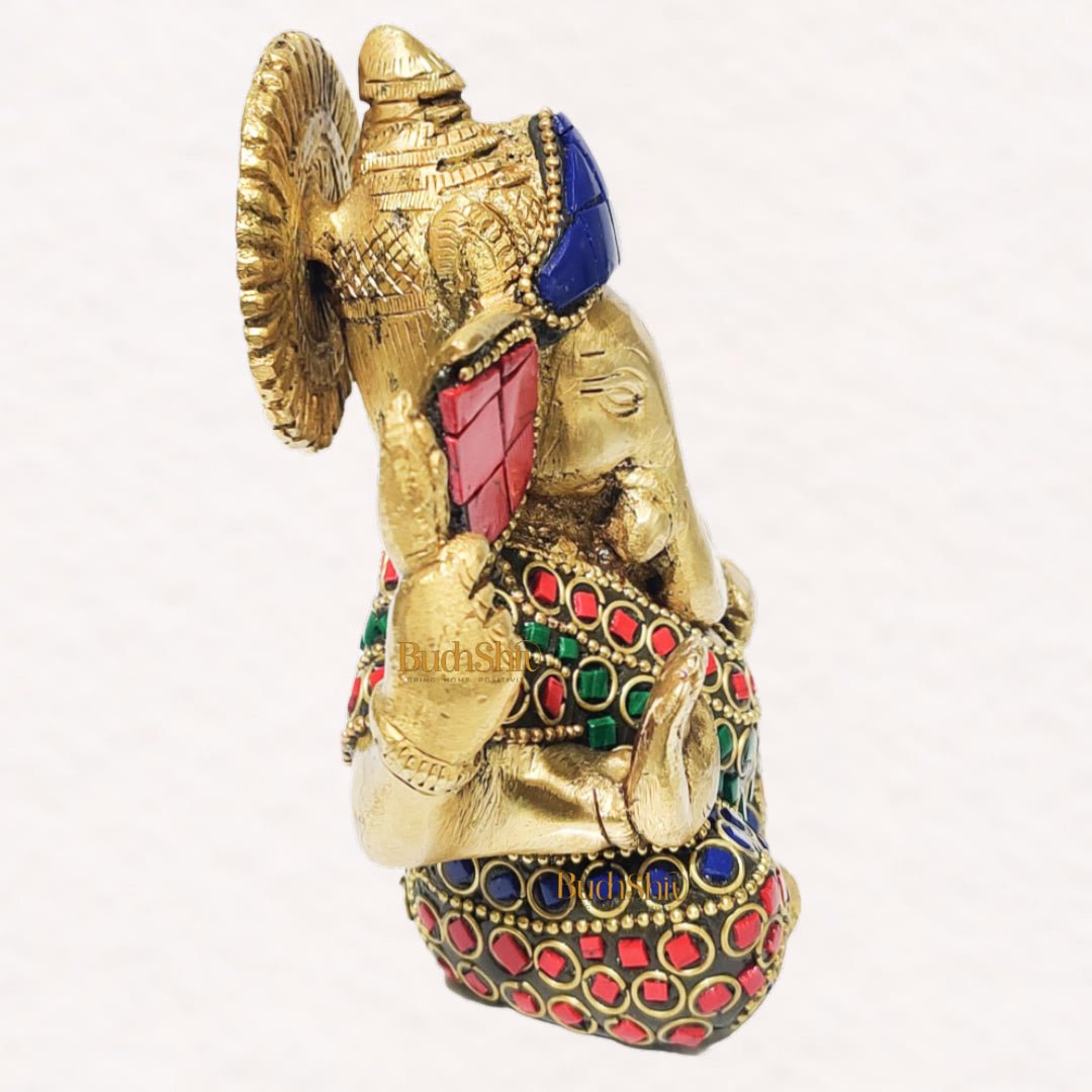 Ganesha brass idol with meenakari stonework | small size for office desk/study table/ temple