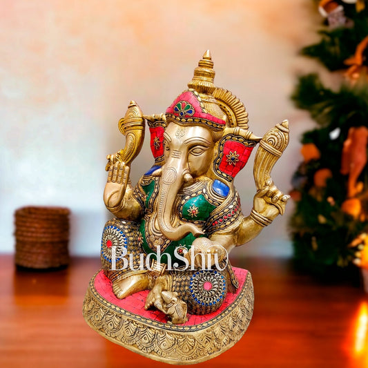 Ganesha Brass Idol with stonework 15 inches