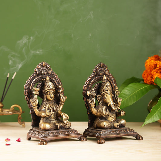 Ganesha Lakshmi Brass statue 7 inches brown finish