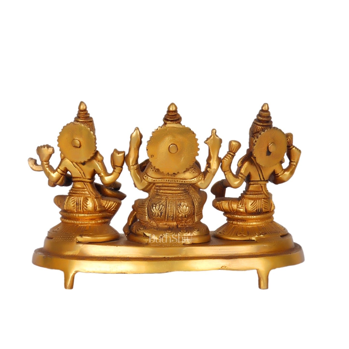 Ganesha Lakshmi Saraswati Brass Idol -6.5" golden