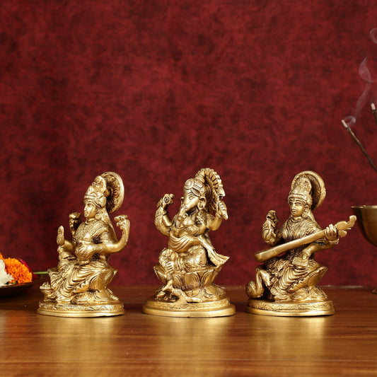 Ganesha Lakshmi Saraswati Brass Idol Set - 5" antique tone