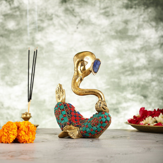 Ganesha modern Idol Abstract Brass with stonework 8.5 inch