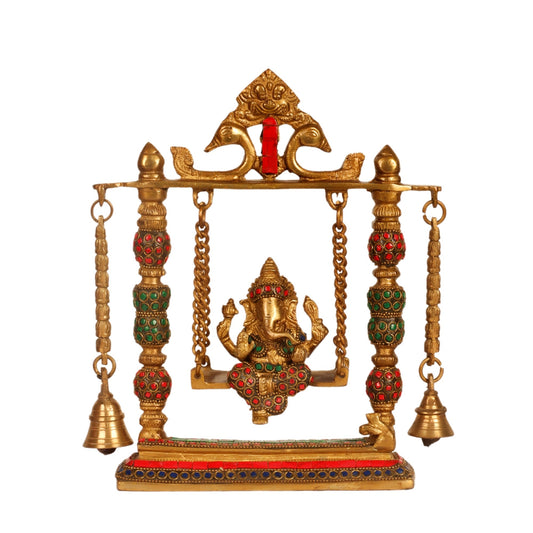 Ganesha on a swing pure brass with meenakari stonework