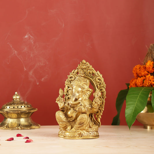 Ganesha on a throne brass idol 7 inch