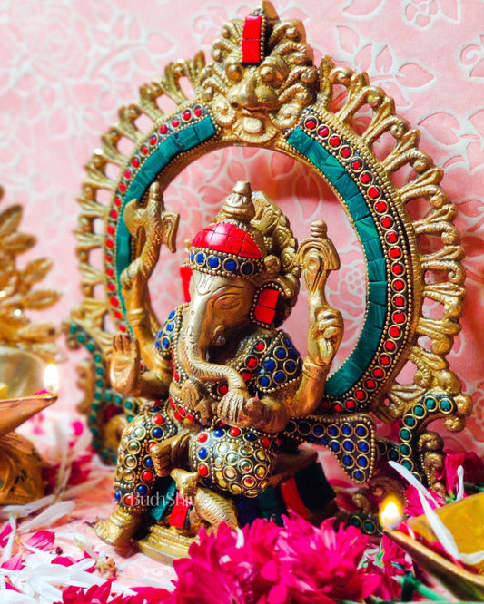 Ganesha on a throne with prabhavali embossed brass idol | suitable for office desk/study table/ temple