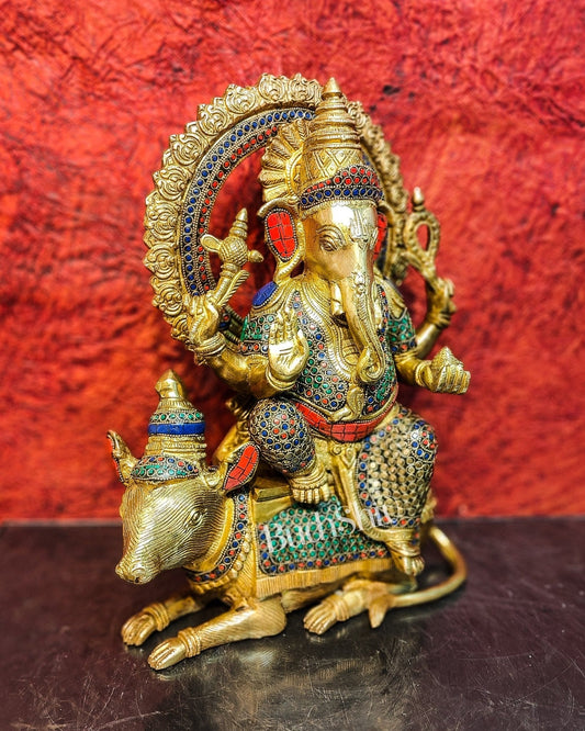 Ganesha on mouse brass statue 16 inches