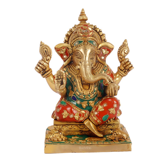 Ganesha superfine Brass statue fully engraved with mouse 8 inch with stonework