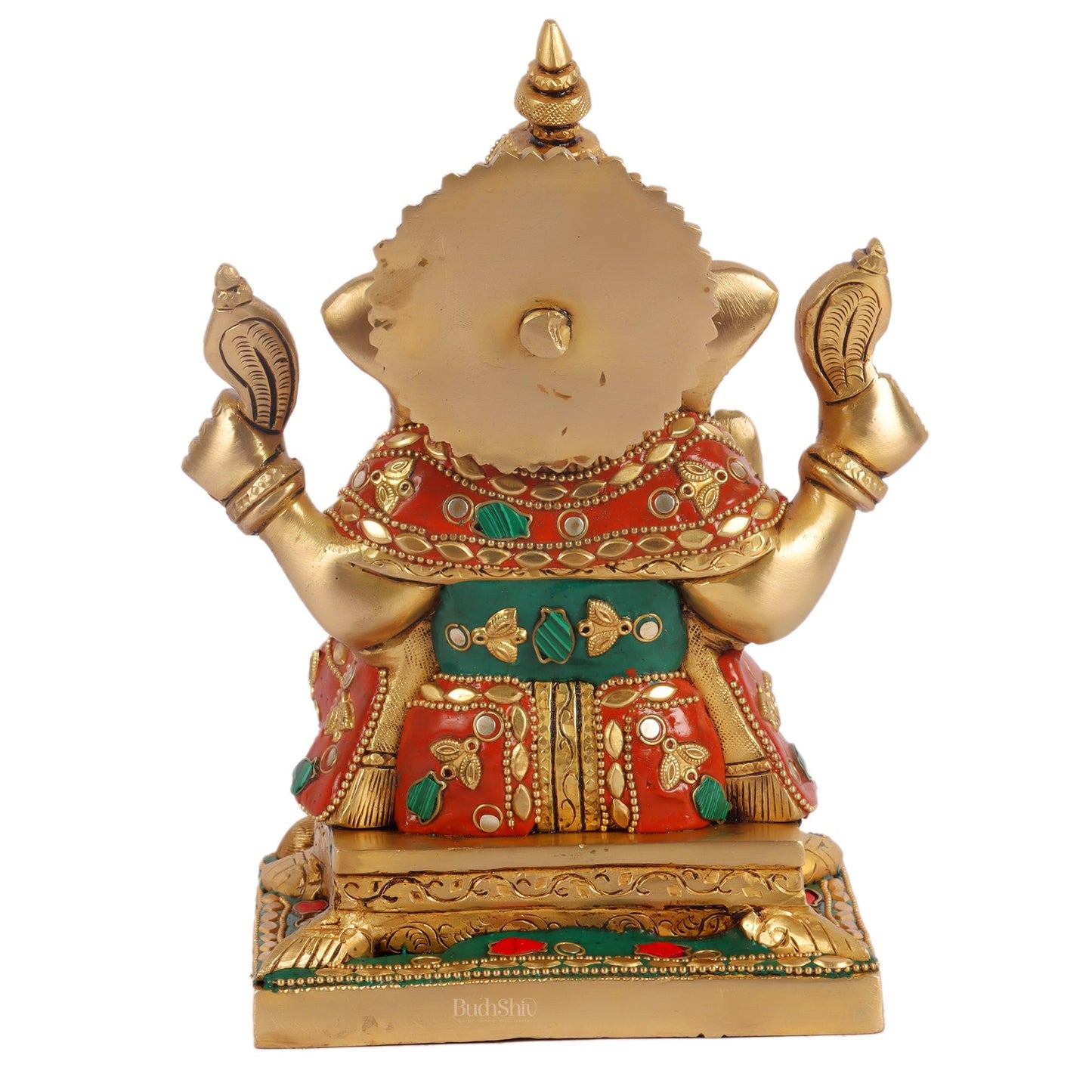 Ganesha superfine Brass statue fully engraved with mouse 8 inch with stonework