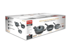 Prestige Omega Deluxe Granite Alpha 3Piece BYK Non-Stick Cookware Set| Kadai 24cm with Glass Lid, Omni Tawa 28cm & Fry Pan 24cm| Gas & Induction Compatible| 5 Layer Non-Stick Coating|Black