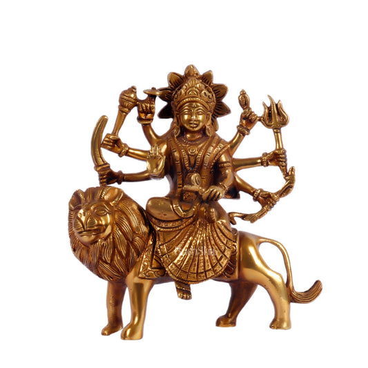 Goddess Durga brass idol with 8 arms sitting on lion golden