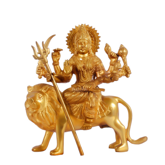 Goddess Durga brass idol with 8 arms sitting on lion with stonework 9 inches