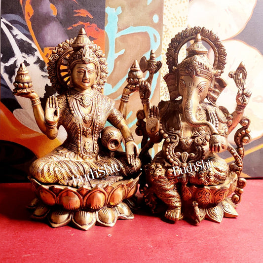 Handcrafted Antique Finished Lord Ganesha and Goddess Lakshmi Brass Idols 12"