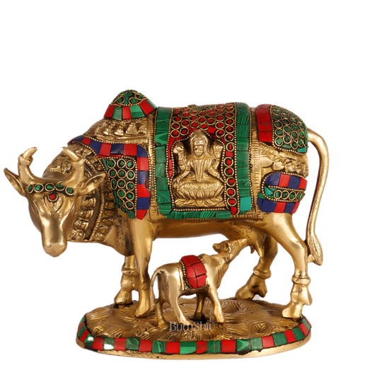 Handcrafted Brass Cow and Calf Statue | Ganesha and Lakshmi Carvings 8.5"