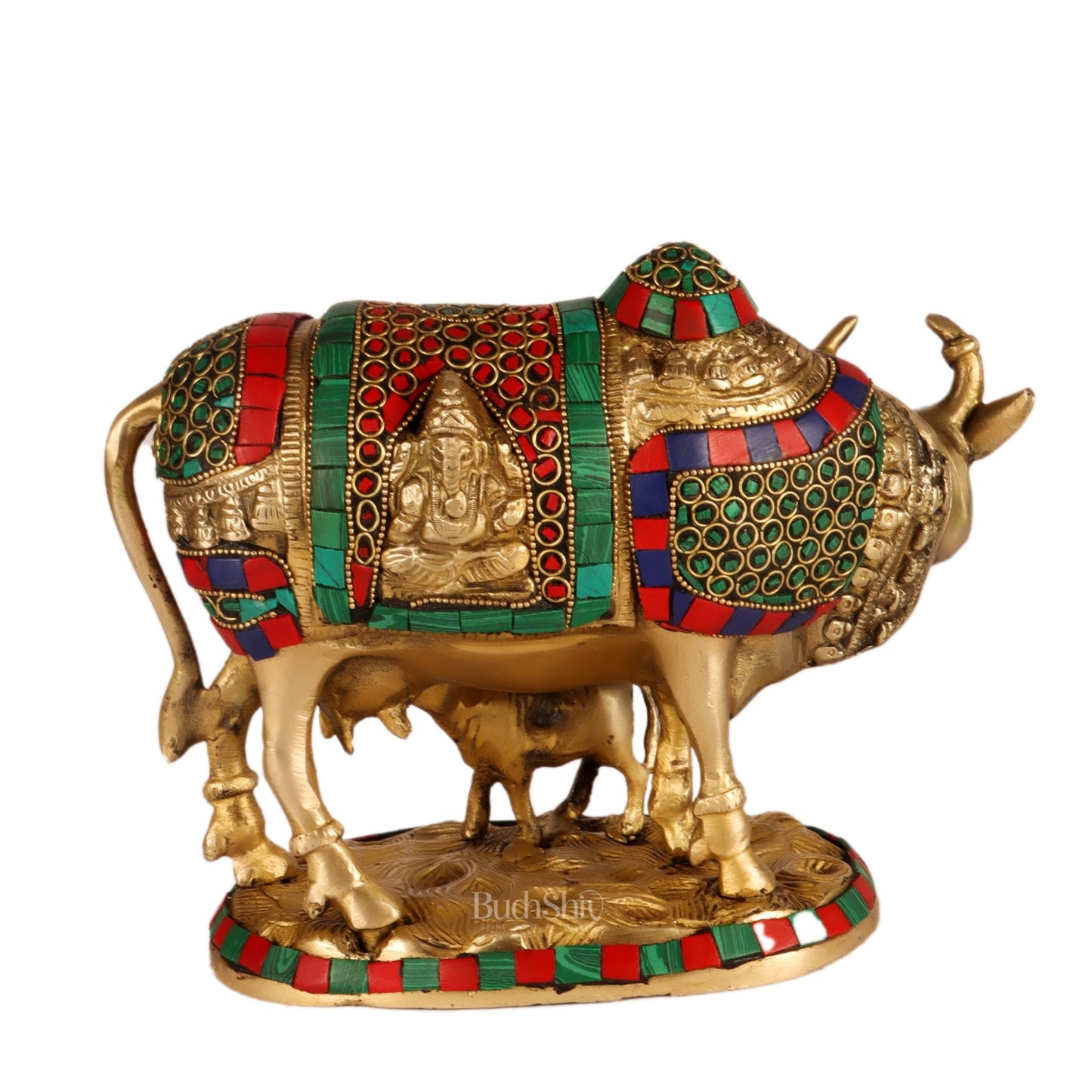 Handcrafted Brass Cow and Calf Statue | Ganesha and Lakshmi Carvings 8.5"