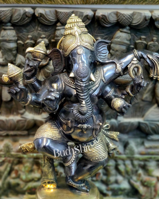 Handcrafted Brass Dancing Ganesha Statue - Large Size - Black and Gold Finish - 25 inches