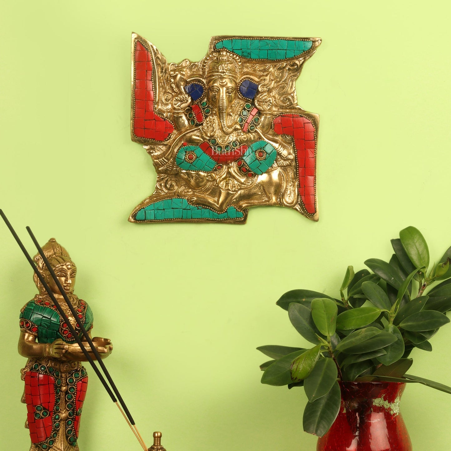 Handcrafted Brass Ganapathi Wall Hanging with Natural Stone Dressing - 9" Height