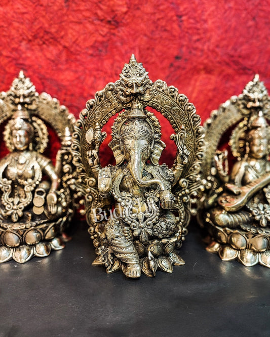 Handcrafted Brass Ganesha Lakshmi Saraswati Idols with Prabhavali 15 inch