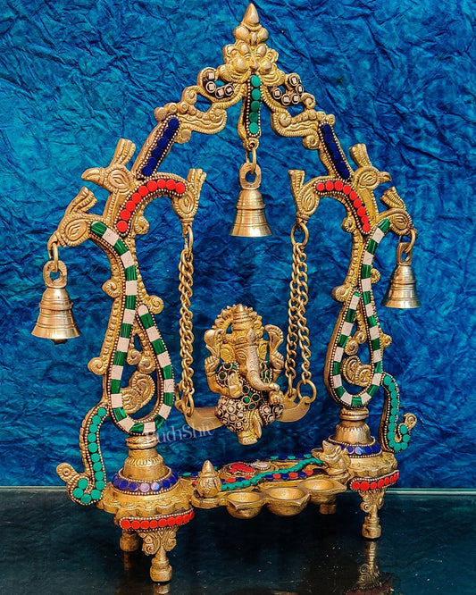 Handcrafted Brass Ganesha on Swing with Three Diyas 13"