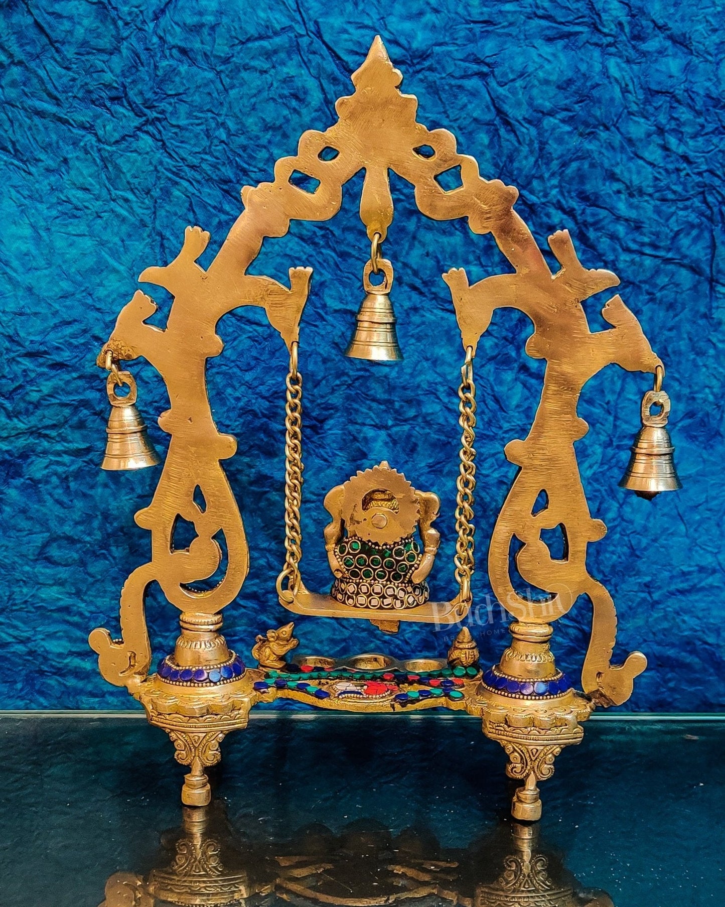 Handcrafted Brass Ganesha on Swing with Three Diyas 13"