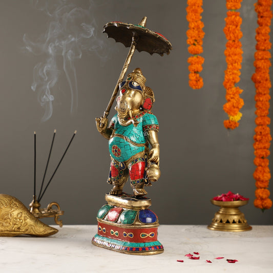 Handcrafted Brass Ganesha Statue with umbrella and kamandal | 15"
