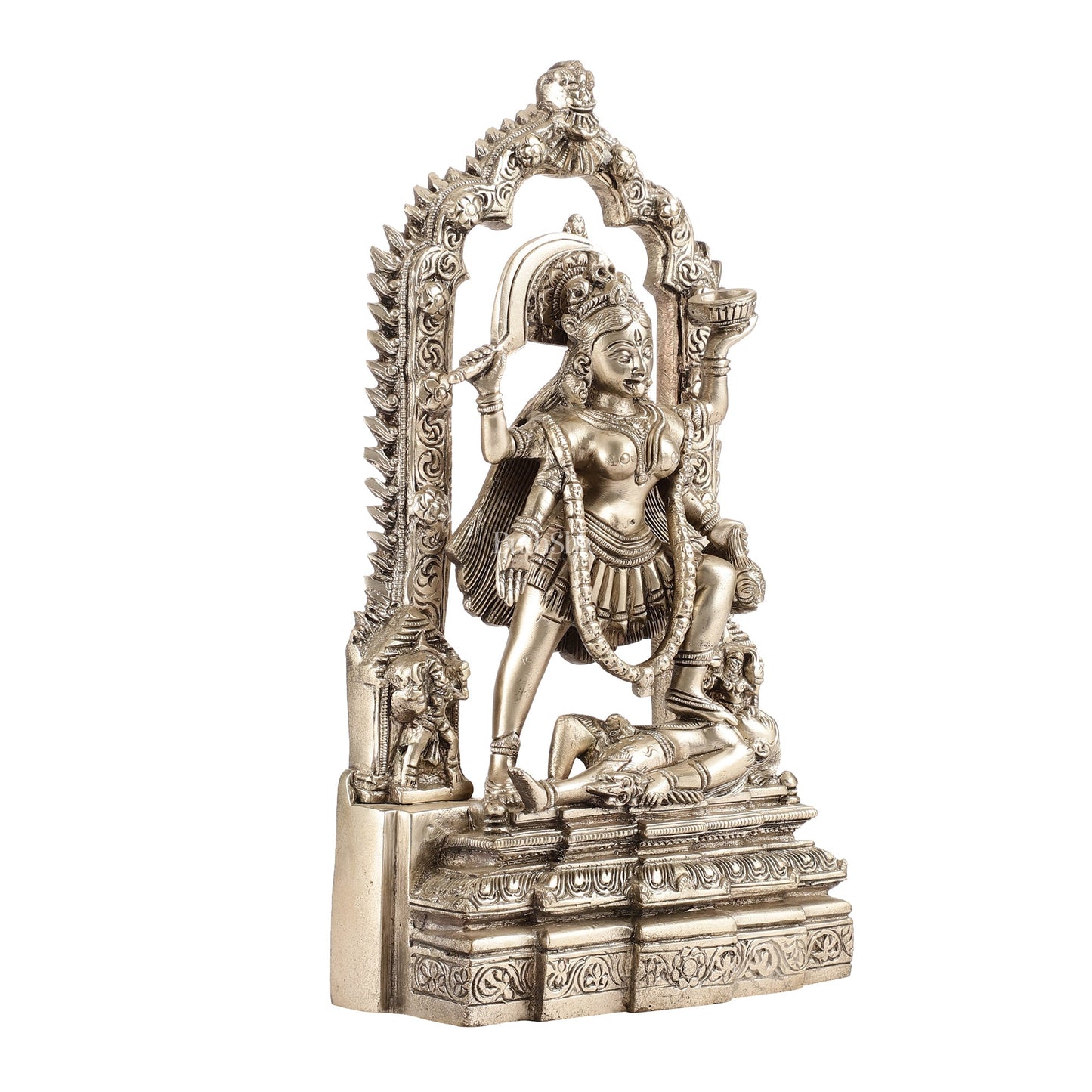 Handcrafted Brass Kali Ma Statue with Temple Arch - Silver Plated